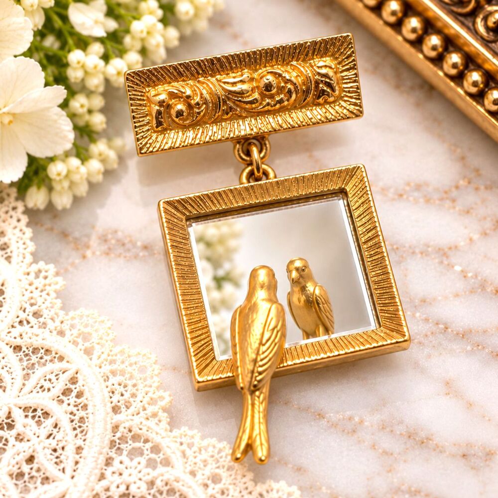 Vintage Gold Tone Bird Looking in Mirror Brooch Figural Pin 2 1/4"
